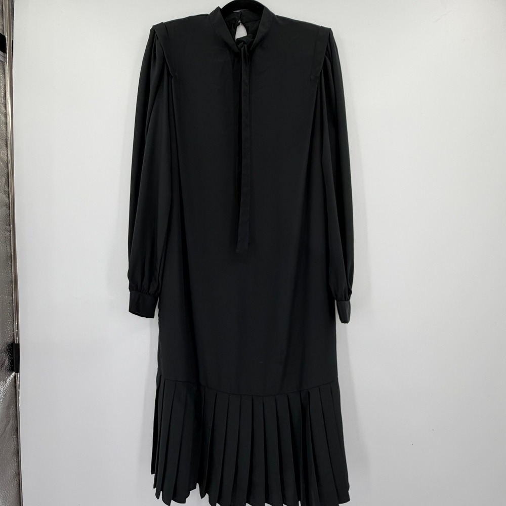 Pierre Cardin Vintage 80's Black Pleated Hem Long Tie Neck Midi Dress Size 10